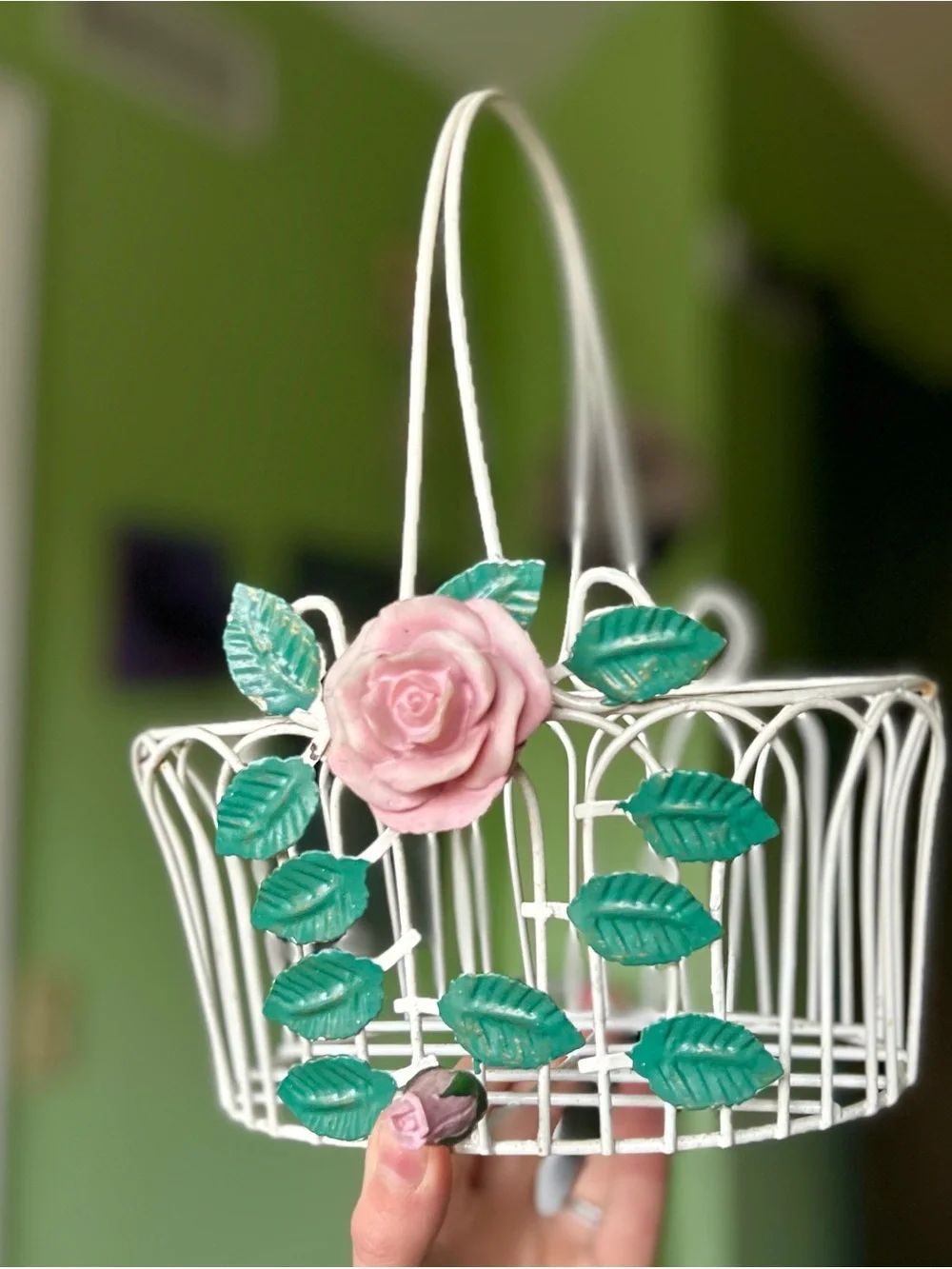 Vintage White Metal Basket With Pink and Green Floral Front
